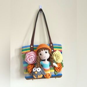 Colorful Crochet Tote Bag with Doll Design